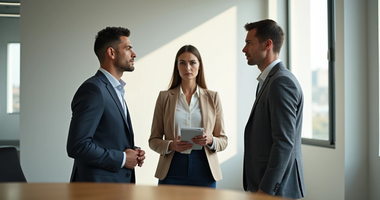 Overhead view of three people in conversation shaped like a triangle 