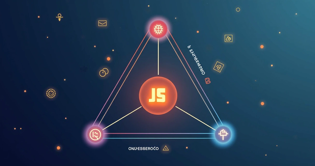 Triângulo representando design, performance e conversão conectados por JavaScript na web