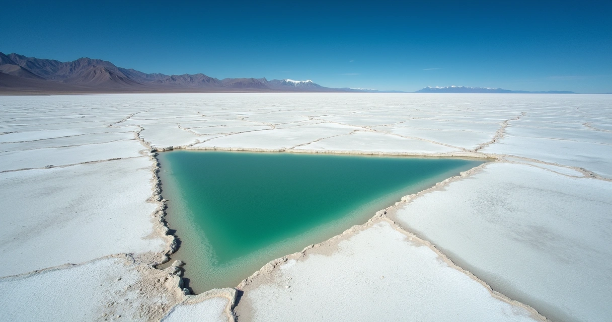 Vista aérea de salar no Triângulo do Lítio com montanhas ao fundo. 