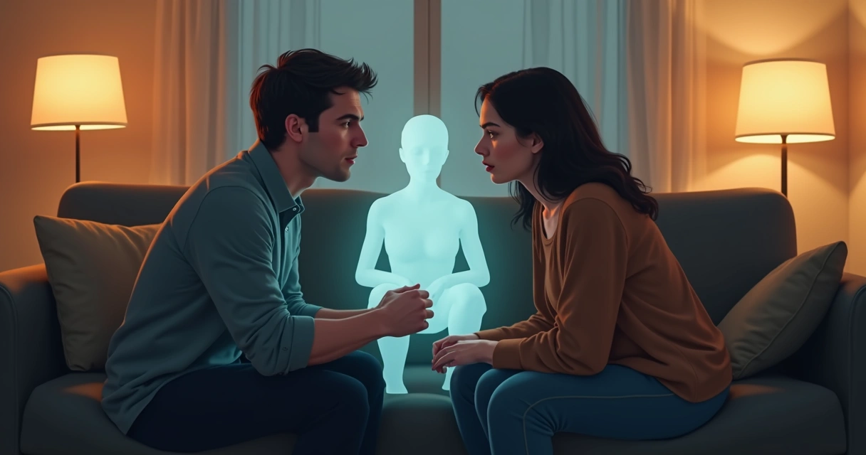 Ilustración de una pareja sentada en un sofá separada por la figura translúcida de una madre en el centro 