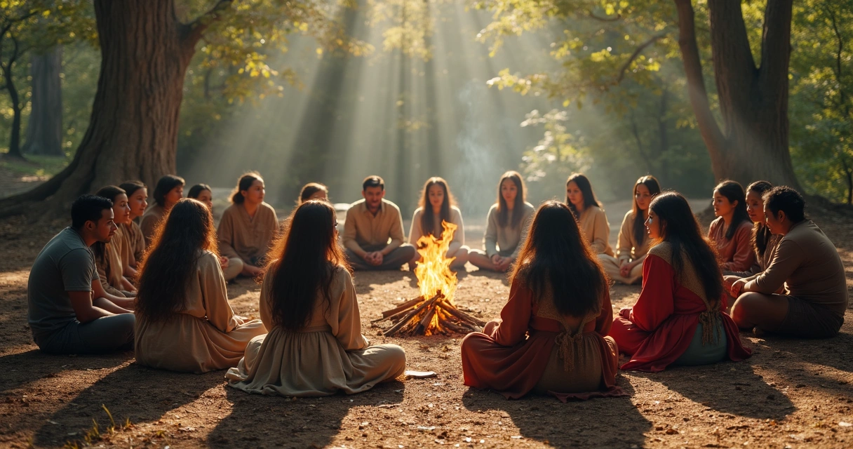 Pessoas de diferentes etnias sentadas em círculo em uma clareira 