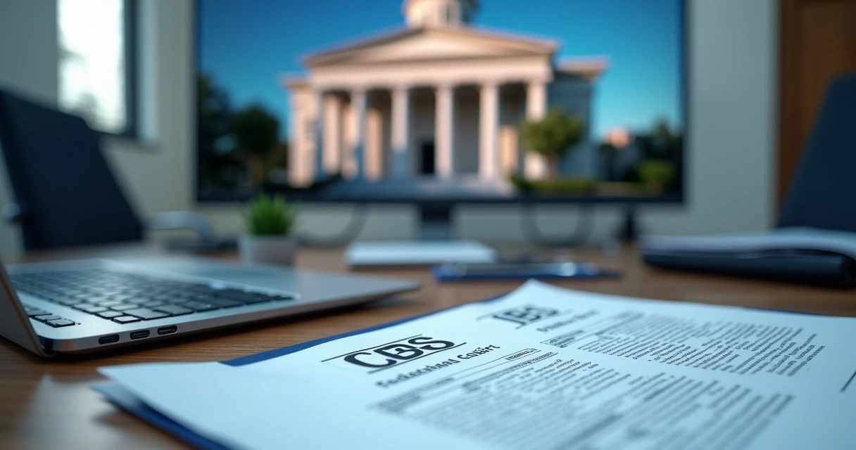 Documentos fiscais e prédio do tribunal em tela digital 