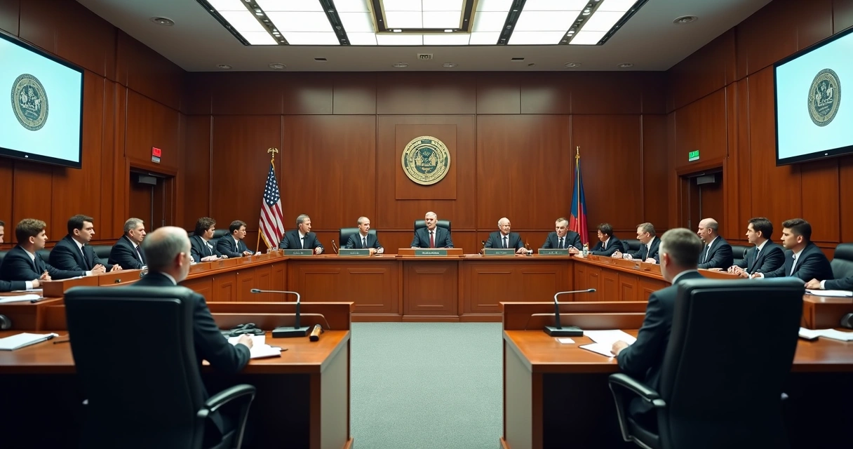 Sala de tribunal administrativo com advogados e licitantes apresentando documentos