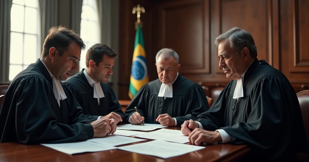Sala de tribunal com juízes analisando documentos e contrato de não concorrência 