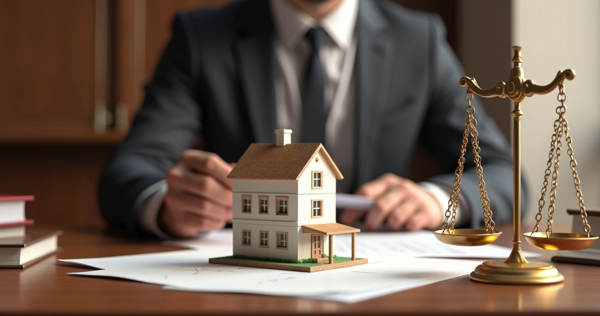 Sala de tribunal com representação de um imóvel sendo discutida entre advogados 