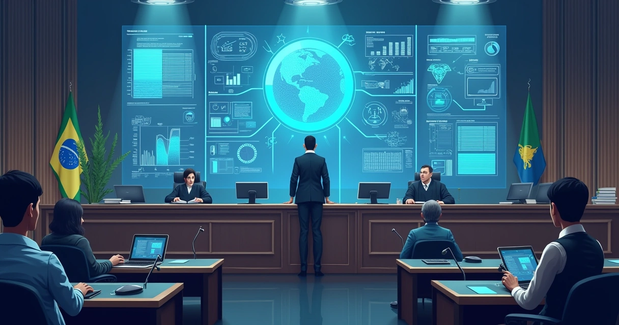 Tribunal brasileiro moderno com elementos de inteligência artificial, juízes usando tecnologia e dados para agilizar processos.