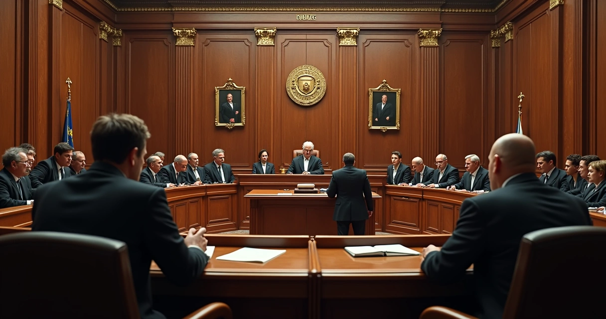 Sala de tribunal com juízes e advogado em audiência, destacando o ambiente solene do Judiciário