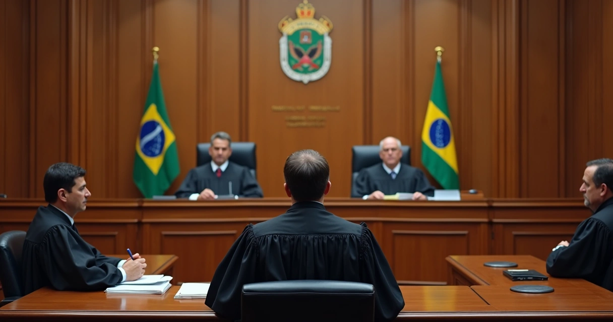Sessão de julgamento em tribunal de justiça com desembargadores 