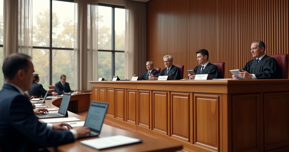 Interior do tribunal com juízes analisando processos em uma sala de julgamento moderna e iluminada 
