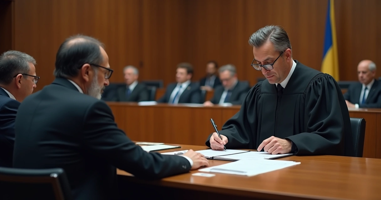 Sala de tribunal com juiz segurando decisão, advogados atentos ao fundo 