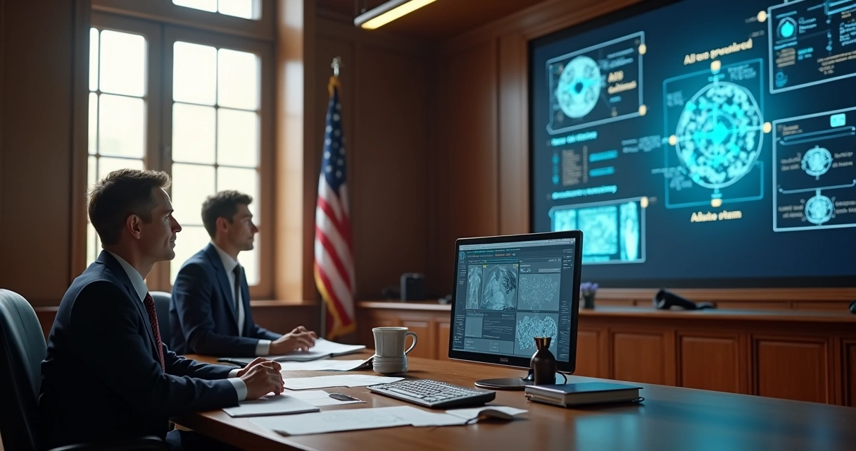 Sala de tribunal com advogado debatendo erro médico de IA 