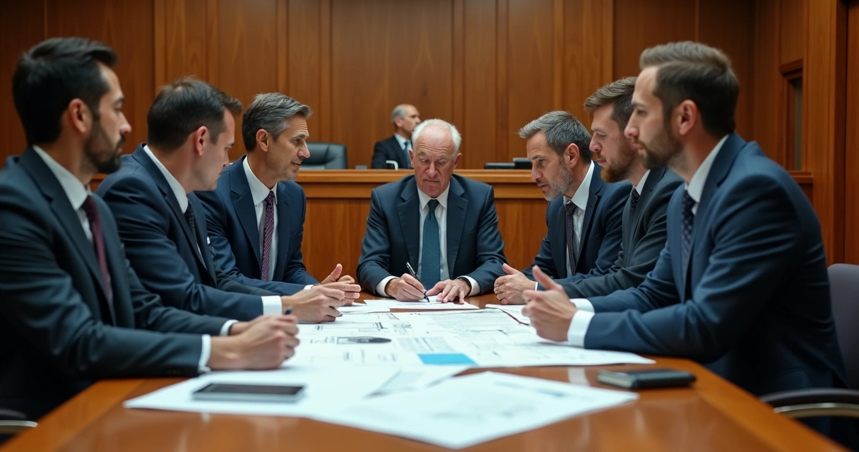 Advogados e engenheiros discutindo laudo em tribunal 