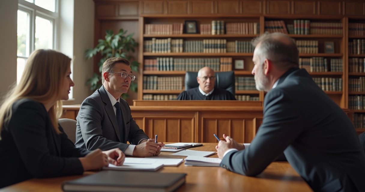 Sala de tribunal com juiz e pais discutindo pensão alimentícia 