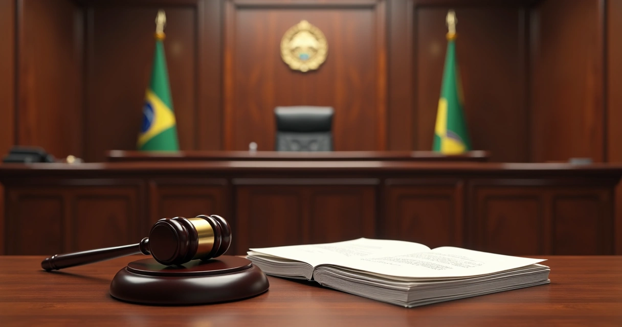 Sala de audiência vazia do tribunal federal com mesa do juiz e documentos 