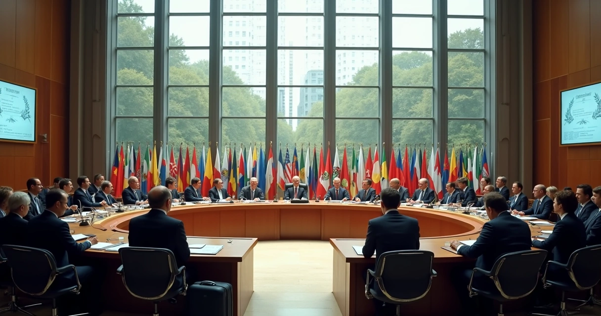 Sala de tribunal internacional com diplomatas de vários países reunidos 
