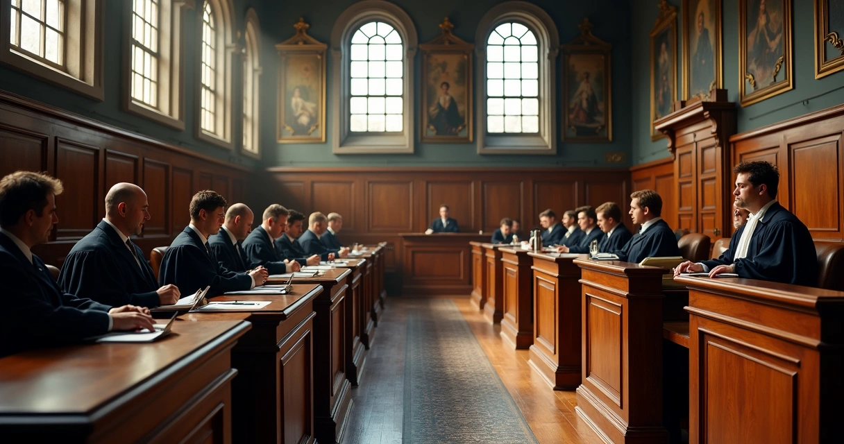 Interior de tribunal irlandês com juízes e advogados 