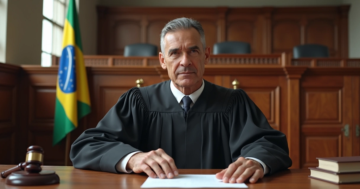 Juiz com toga examinando processos em sala de tribunal 