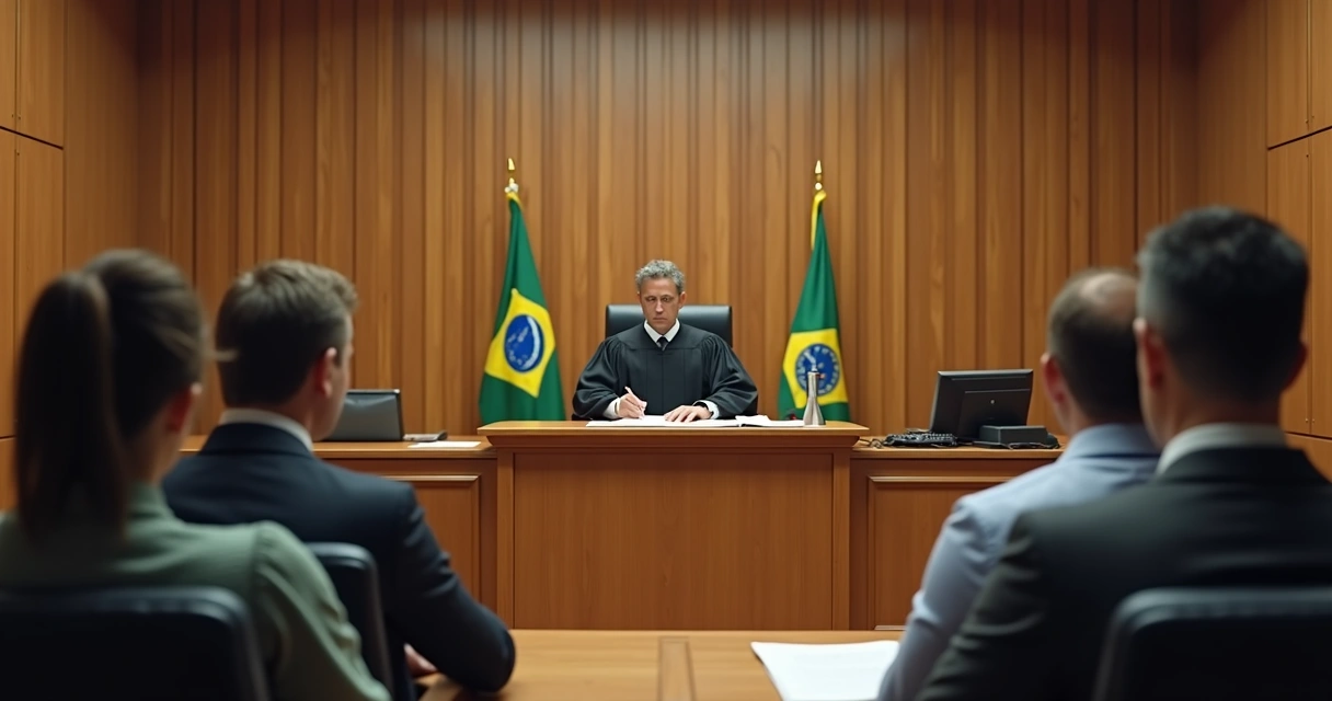 Juiz no tribunal analisando processo criminal