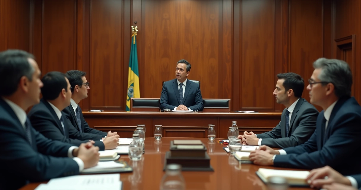 Sessão de julgamento em tribunal brasileiro, juízes e advogados presentes na mesa 