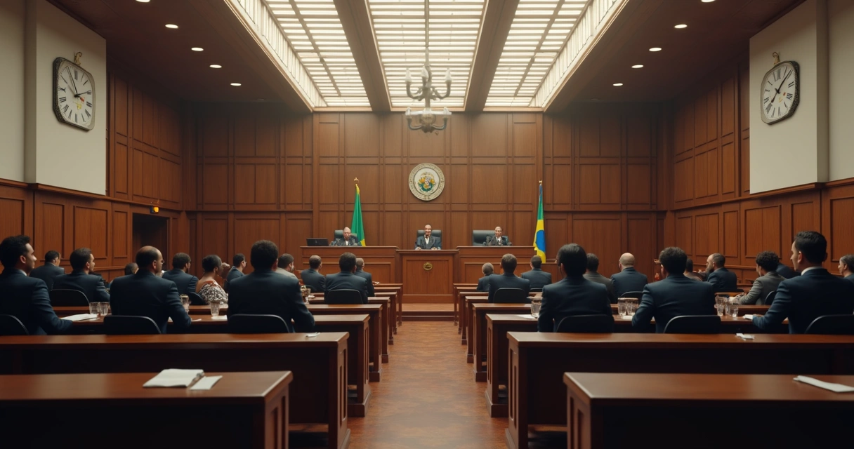 Ambiente de tribunal do júri durante julgamento no Brasil 
