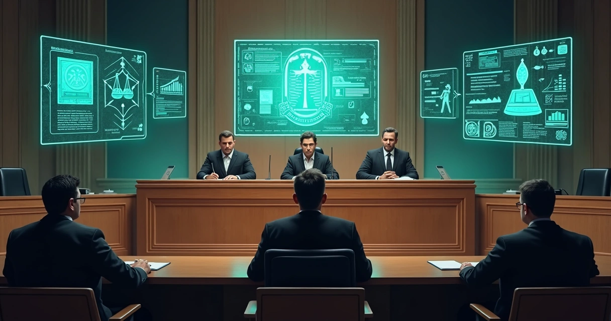 Painel digital de tribunal brasileiro com juízes e processos sendo analisados