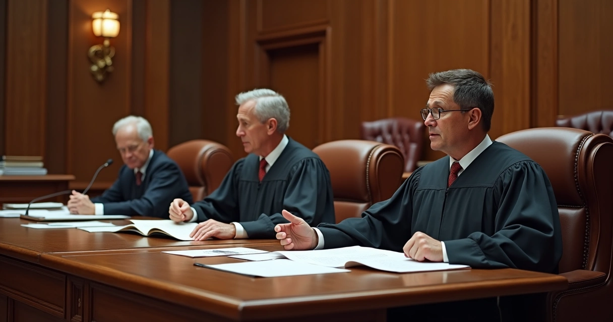 Sessão de julgamento em tribunal, juízes analisando documentos de compra de imóvel 
