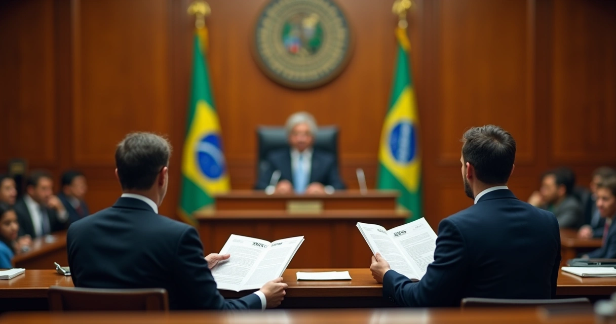 Sala de audiência judicial com juiz e advogados 