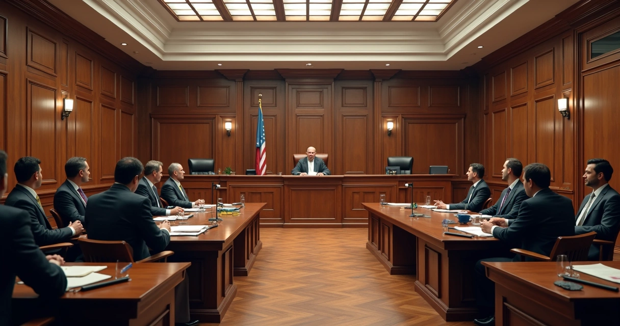 Salão de tribunal de justiça, juiz e herdeiros em sessão de inventário judicial 