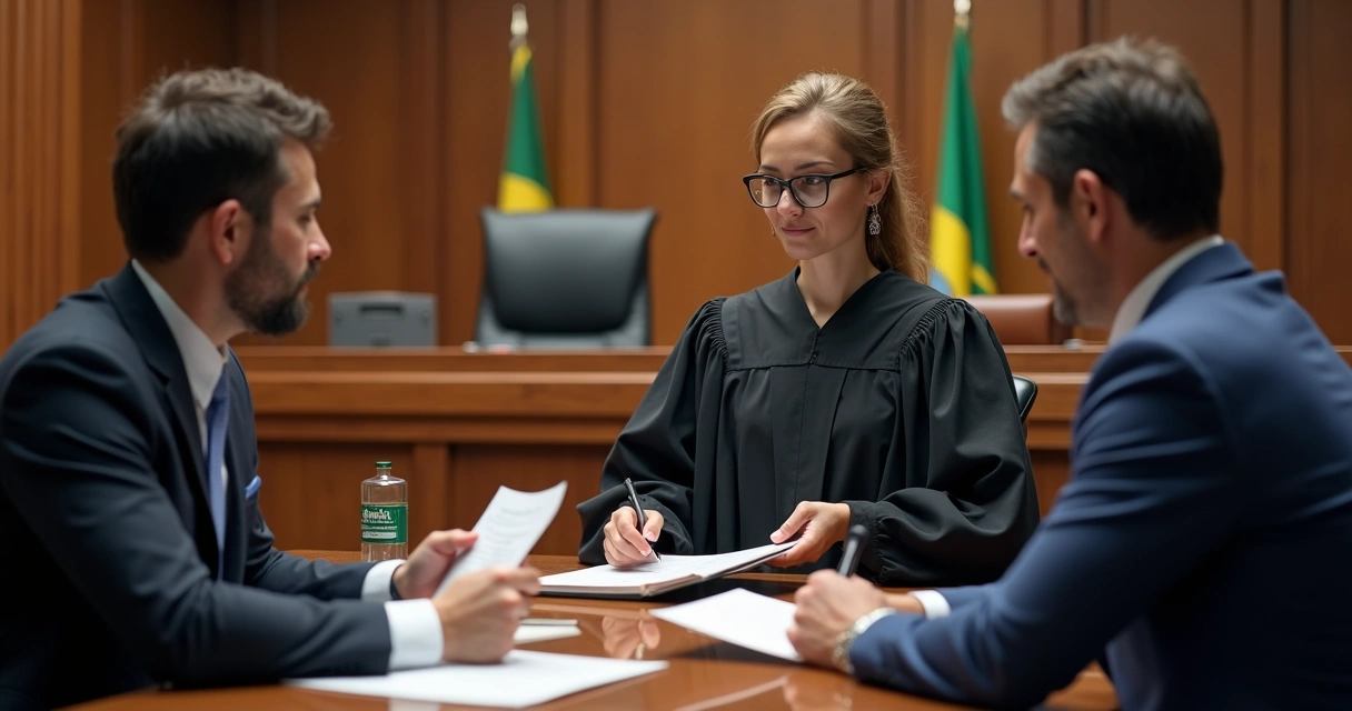 Tribunal com juiz, advogado de saúde e paciente em audiência. 