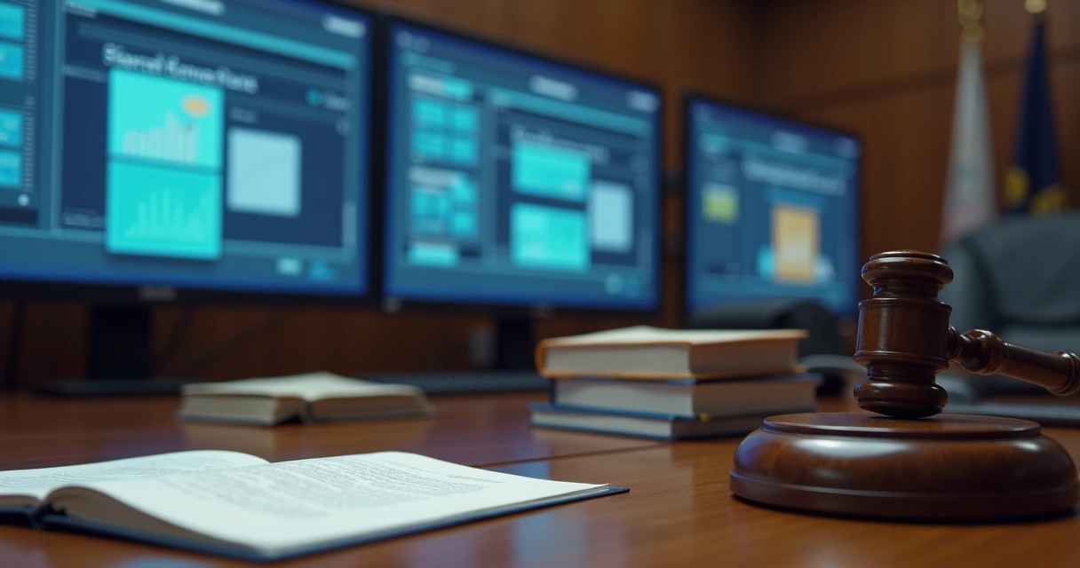 Tribunal com processo digital e livros jurídicos 