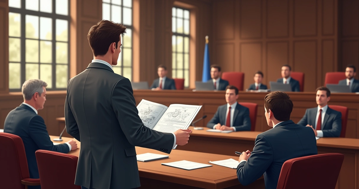 Sala de tribunal com engenheiro apresentando laudo técnico 