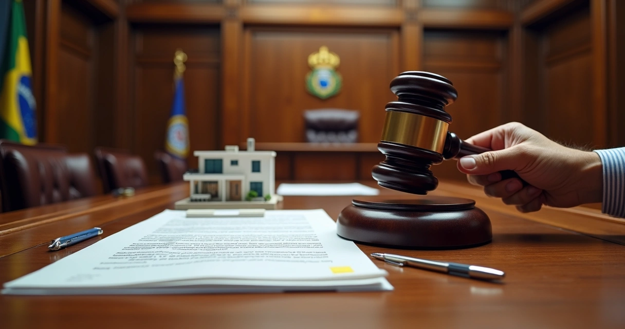Juiz segurando martelo diante de maquete de prédio e documentos jurídicos de imóvel 