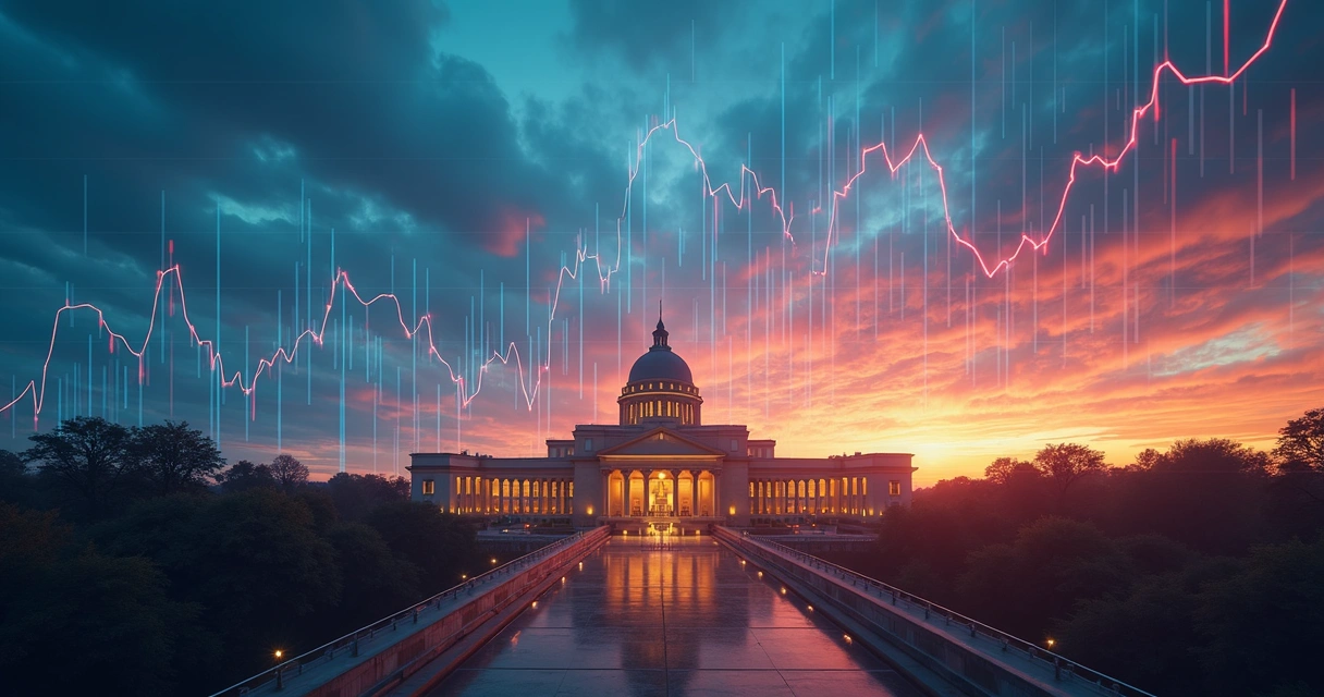 Congresso nacional brasileiro ao fundo, com gráficos de mercado sobrepostos 