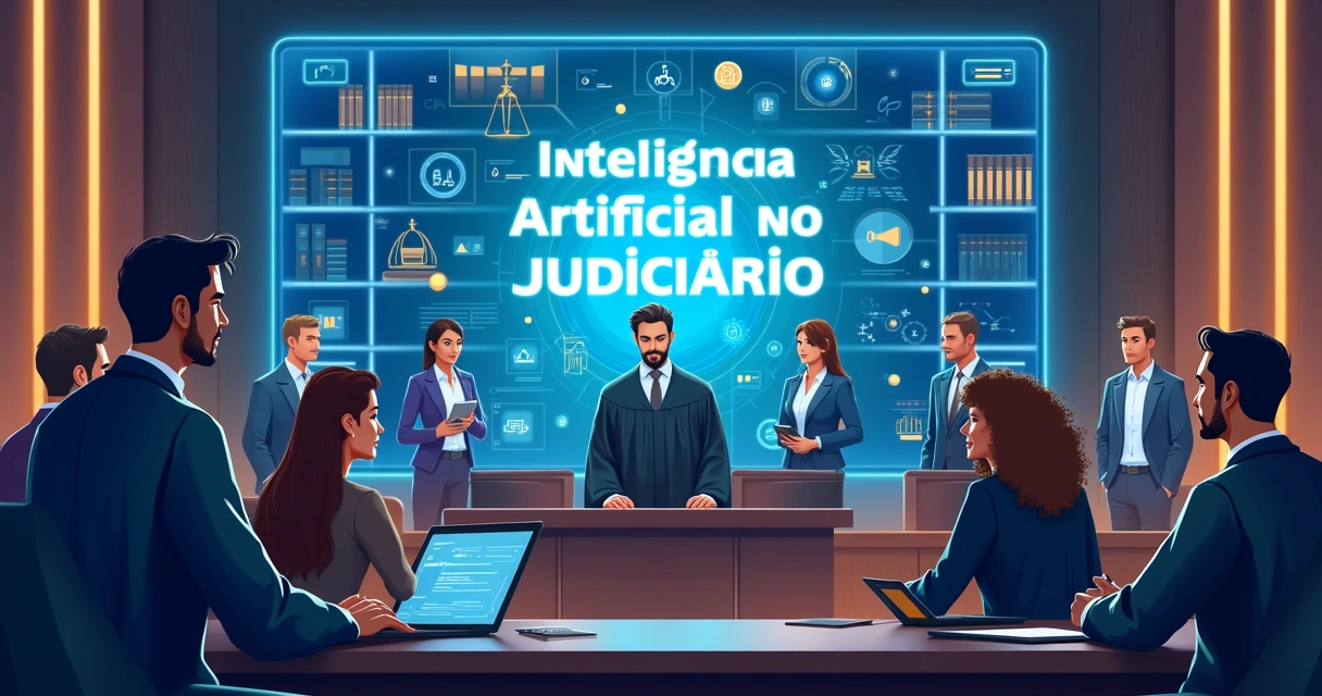 Ilustração de um tribunal moderno com uso de IA, juízes discutindo e símbolos de justiça em um ambiente tecnológico.