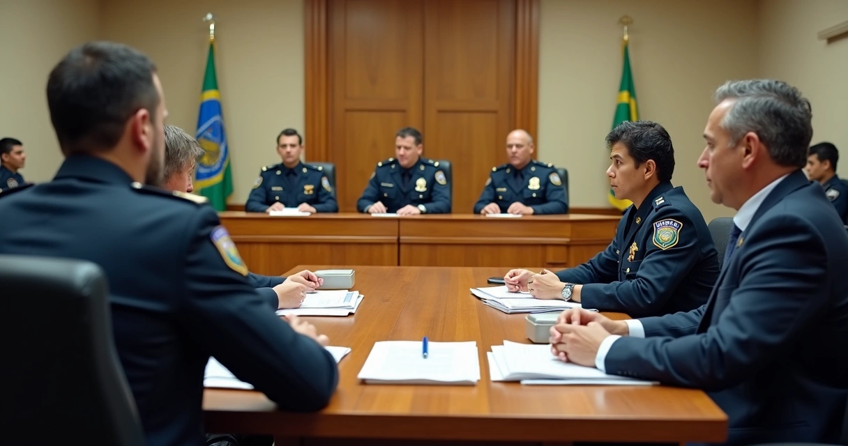 Sessão do Conselho de Justificação da Polícia Militar de São Paulo, mesa diretora e advogados 