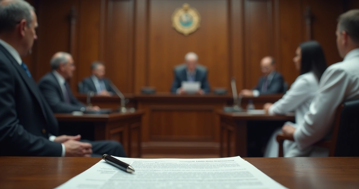 Sala de tribunal com julgamento de processo médico 