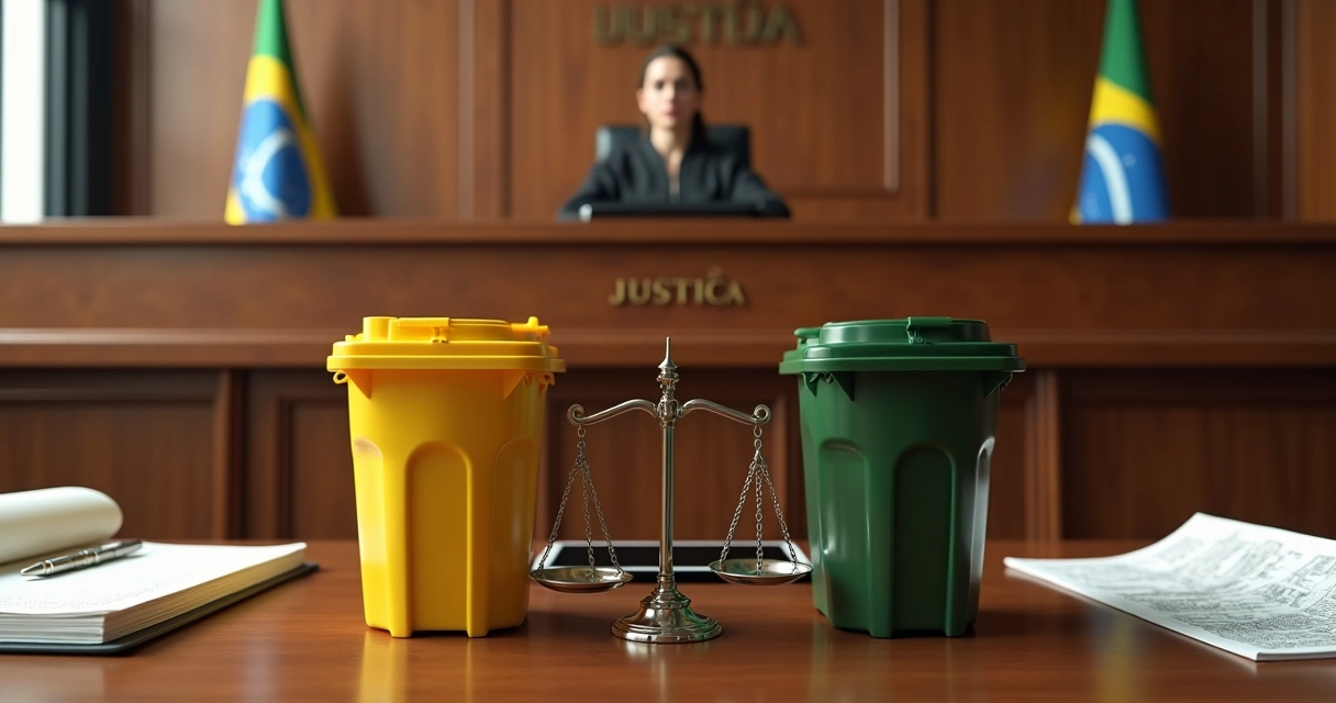 Mesa de tribunal com juíza ao fundo e contêineres de lixo em destaque na frente 