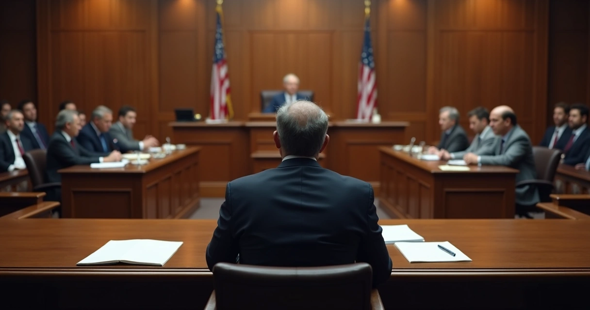 Juiz de costas sentado em tribunal com partes à frente e advogados nas laterais