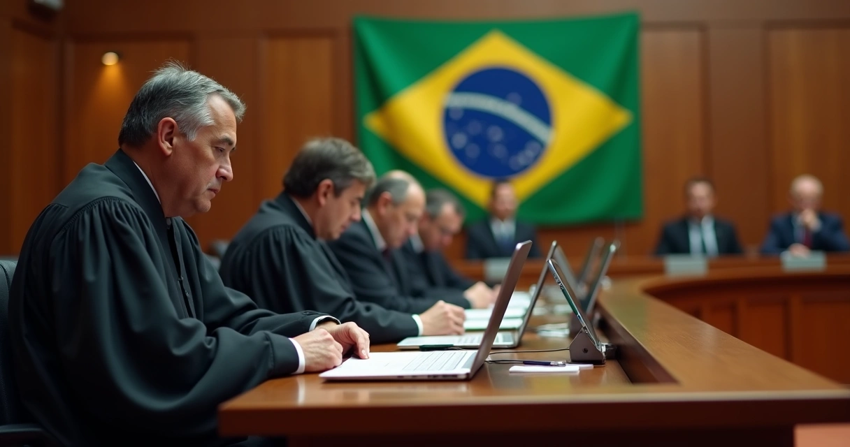 Sessão do STF julgando contratos PJ, ministros sentados em bancada moderna com papéis e computadores 