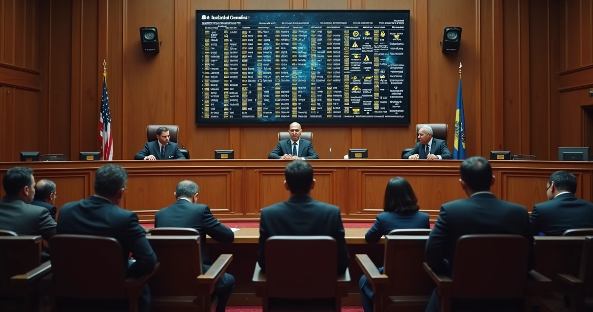 Supremo Tribunal Federal em sessão, painel eletrônico em destaque mostrando números de processos 