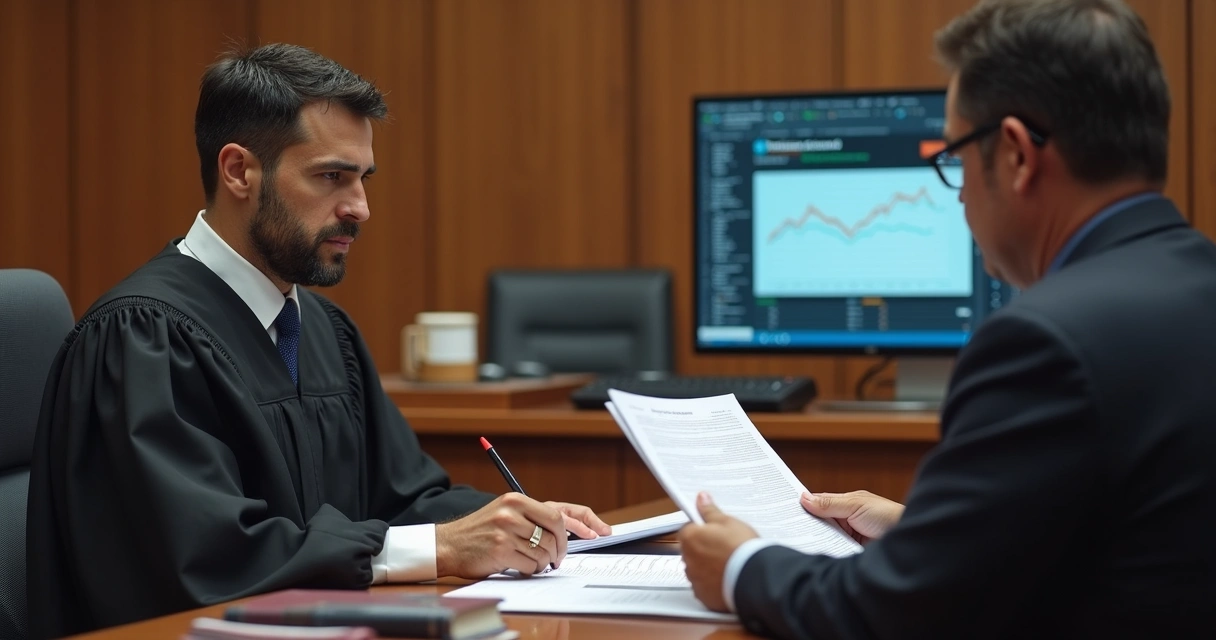 Juiz lendo documentos em sala de tribunal. 