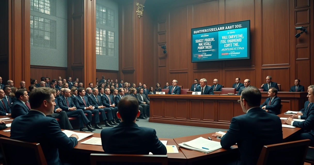 Sala judicial con público y pantallas de noticias