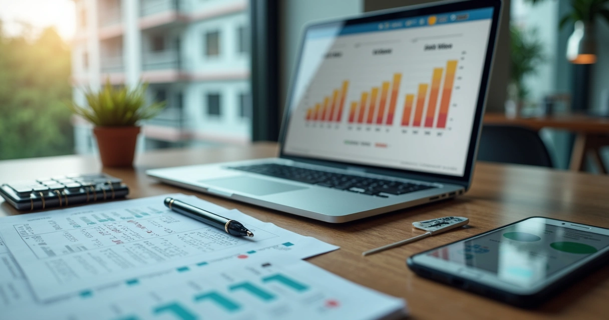 Proprietário analisando gráficos de tributos sobre aluguel no notebook 