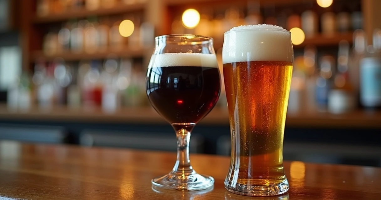 Taça de vinho e copo de cerveja em balcão de bar 