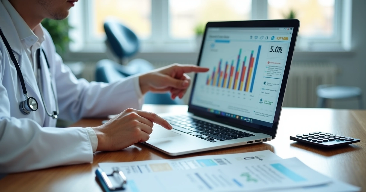 Dentista analisando impostos da clínica odontológica em laptop com gráficos e documentos fiscais 