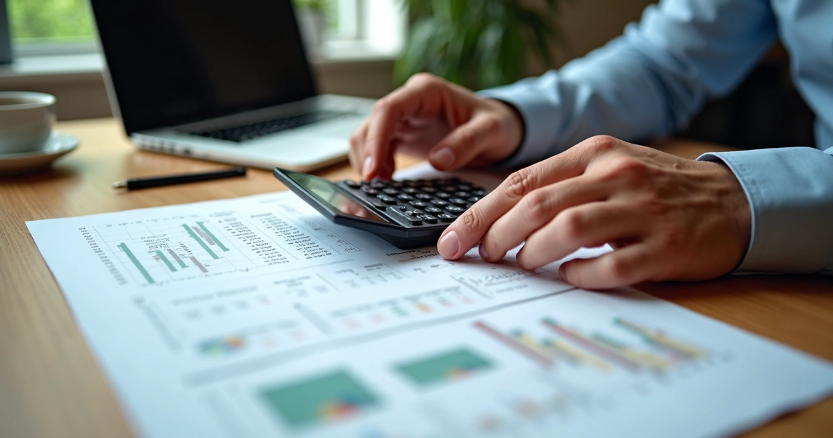 Mãos de investidor usando calculadora com gráficos de criptomoedas e documentos financeiros sobre mesa de madeira 