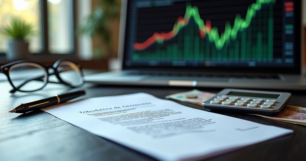 Mesa de escritório com contrato de dividendos, calculadora e gráficos financeiros em destaque 