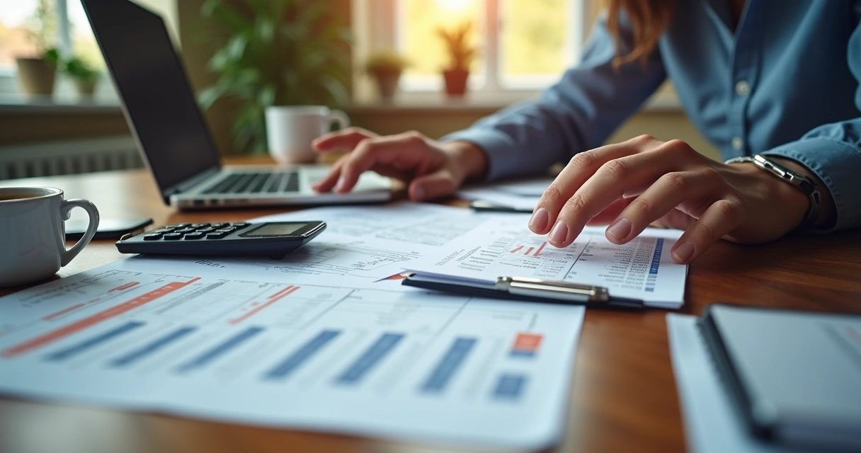 Pessoa analisando documentos fiscais com calculadora e laptop em mesa de trabalho organizada 