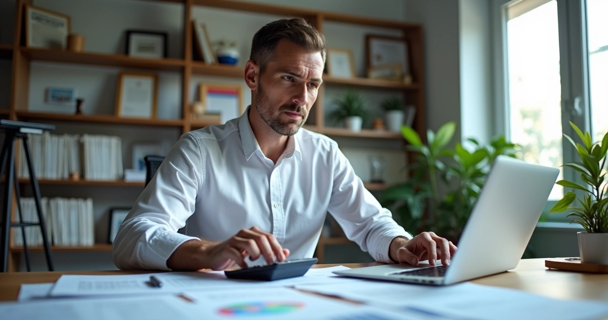 Contador analisando planilhas financeiras em escritório