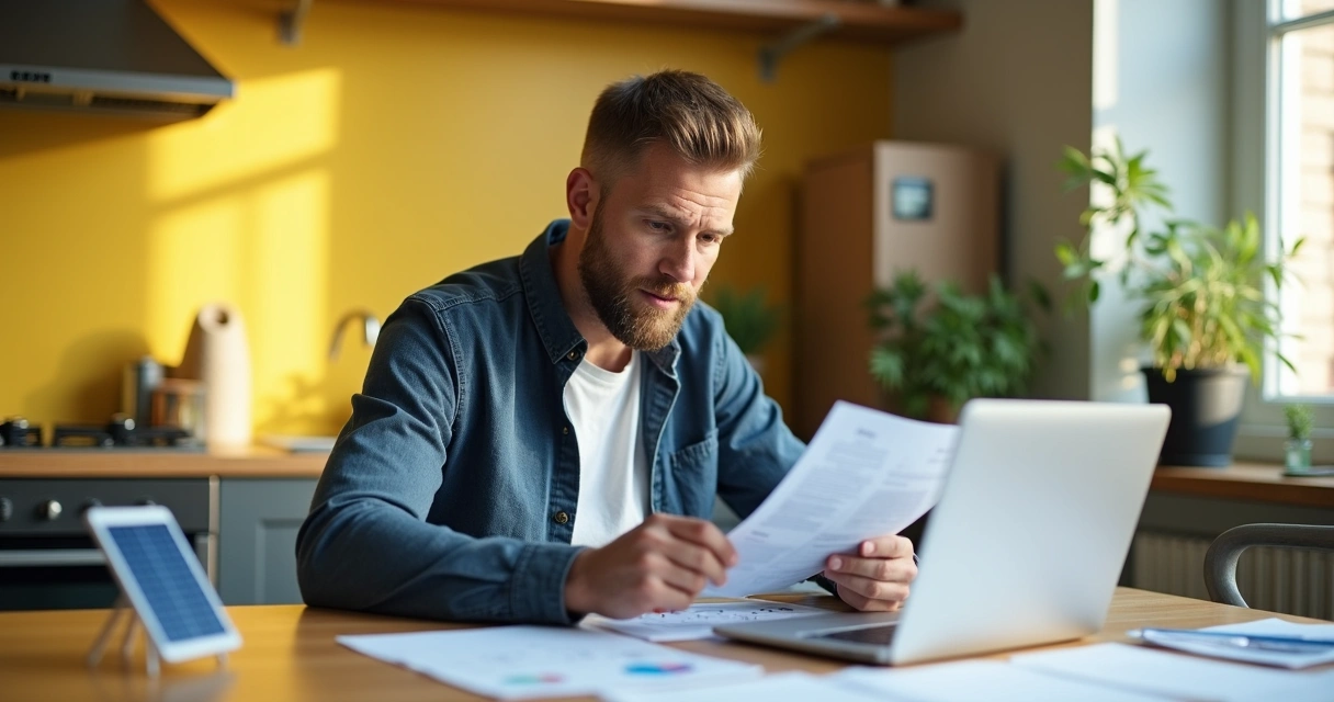 Homem analisando fatura de energia solar sobre uma mesa com planilhas 